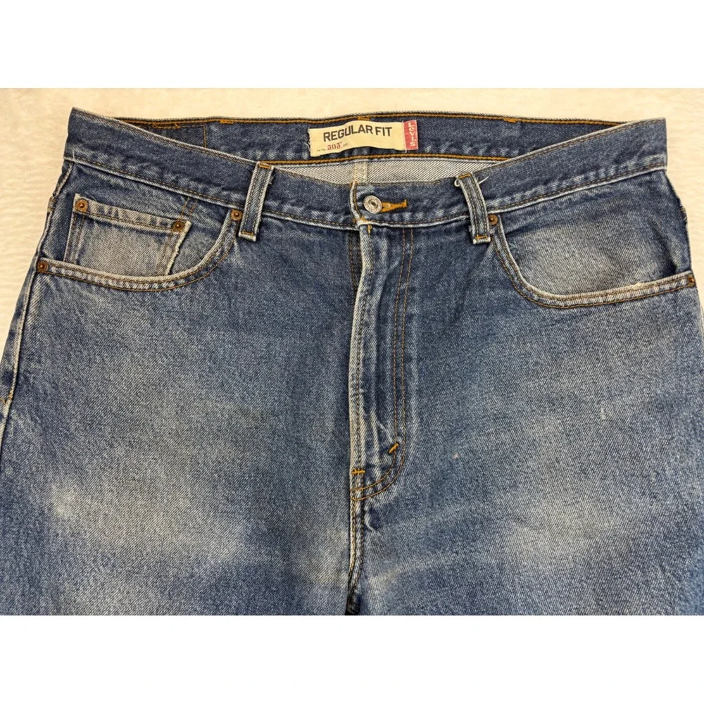 Levis 505 Men's 38x30 Y2K Medium Dark Wash Jeans Blue Distressed Waist Knee Fade